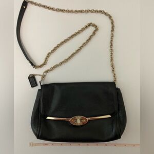 Coach Crossbody Purse, black leather with gold hardware 10 x 6”